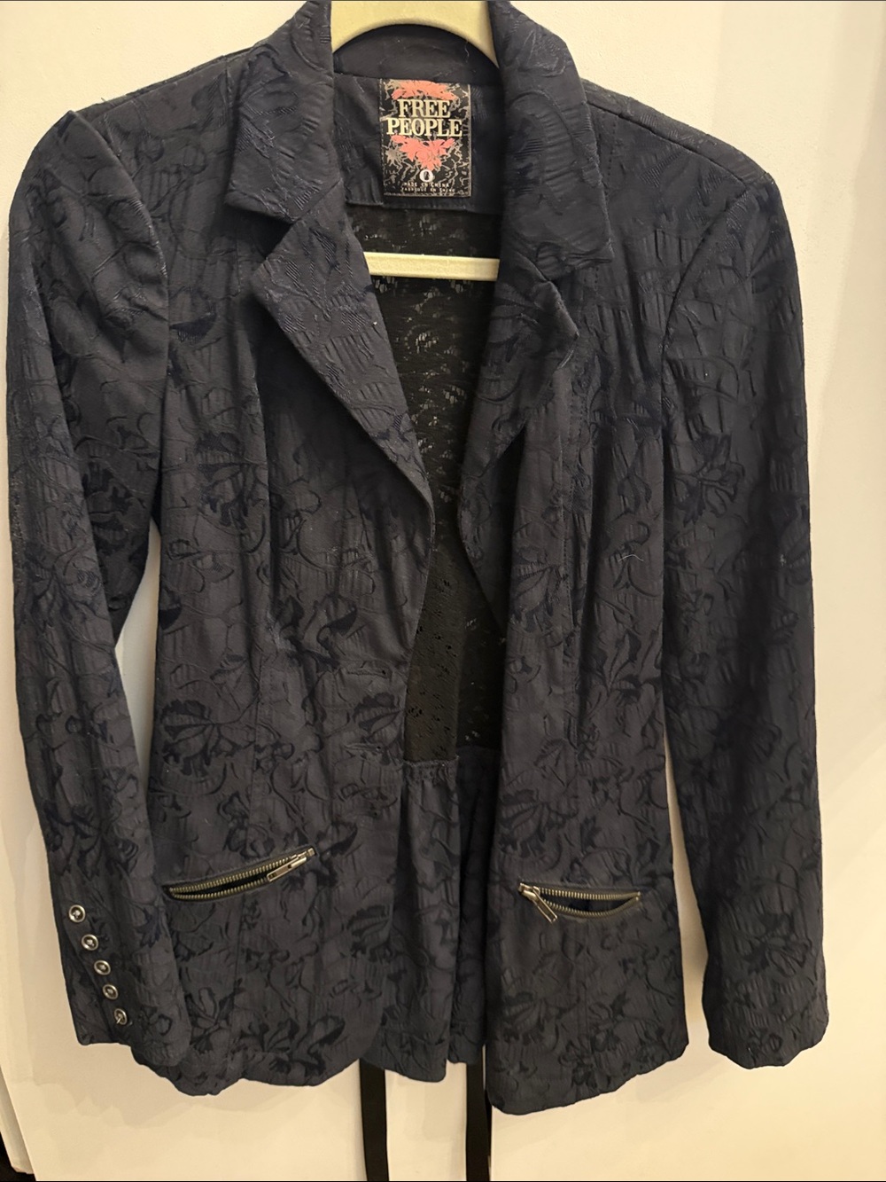 Free People Dark Navy Floral Jacquard Blazer lace-up back